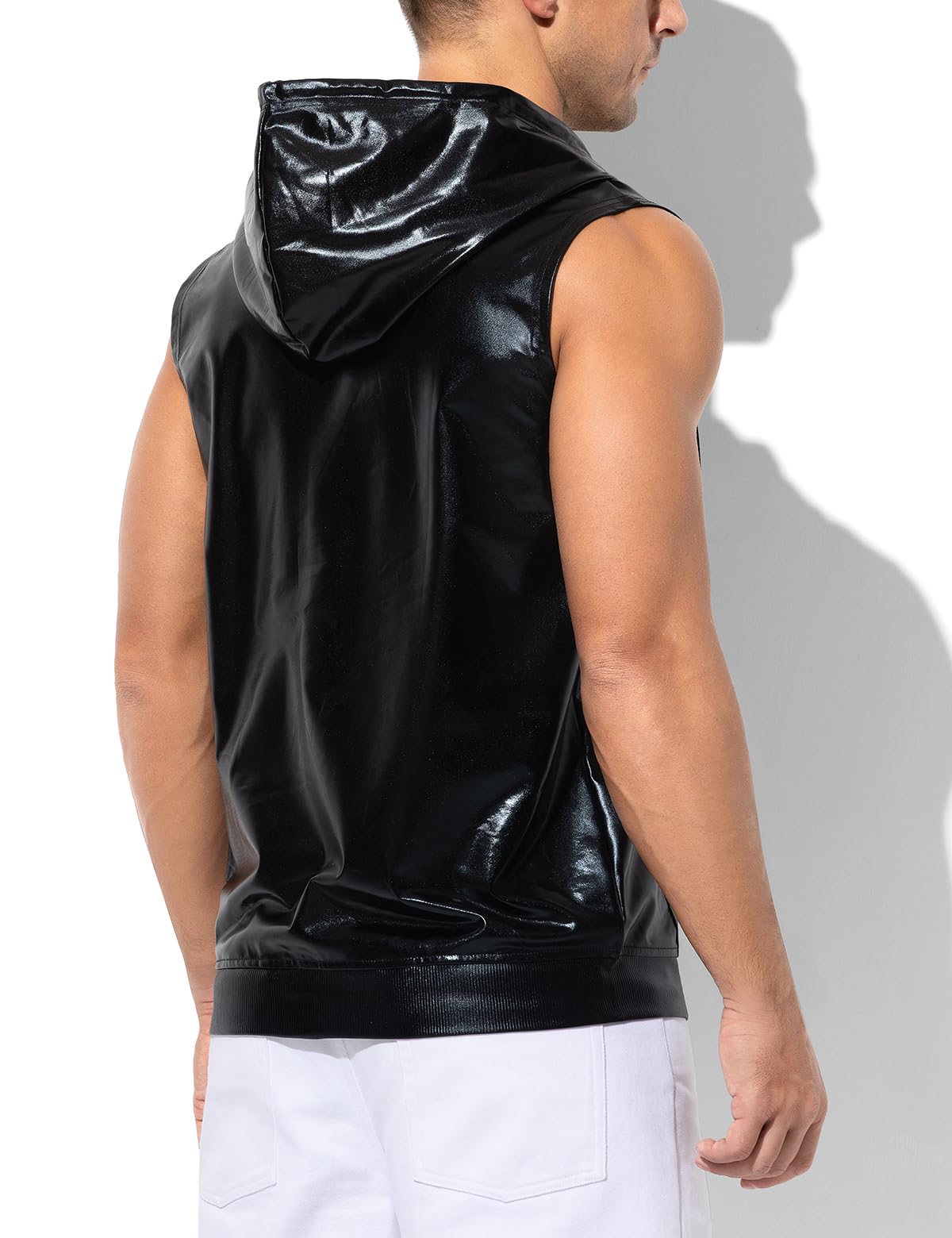 Men's Metallic Hoodie Vest Sequin Zip Up Sleeveless Rave Disco Shiny T-Shirt