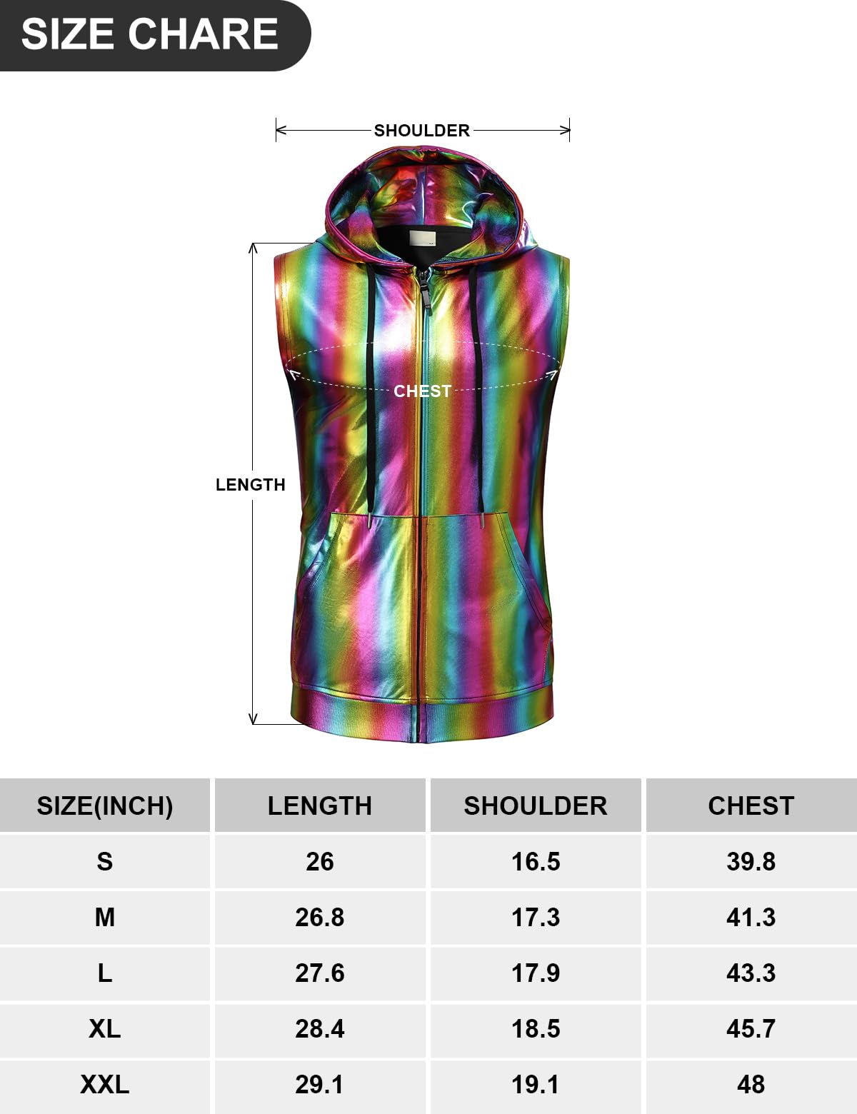 Men's Metallic Hoodie Vest Sequin Zip Up Sleeveless Rave Disco Shiny T-Shirt