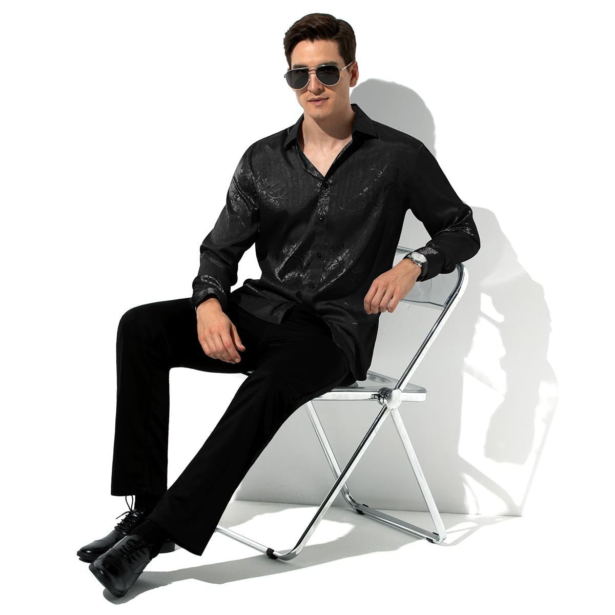 Men’s Silk Like Satin Formal Shirts Jacquard Shiny Luxury Shirts