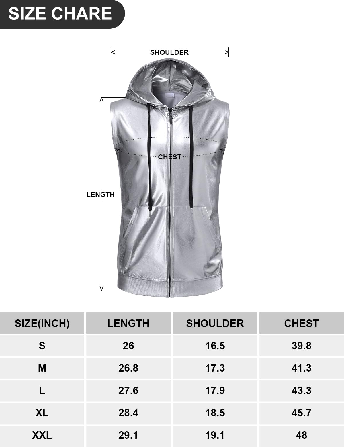 Men's Metallic Hoodie Vest Sequin Zip Up Sleeveless Rave Disco Shiny T-Shirt