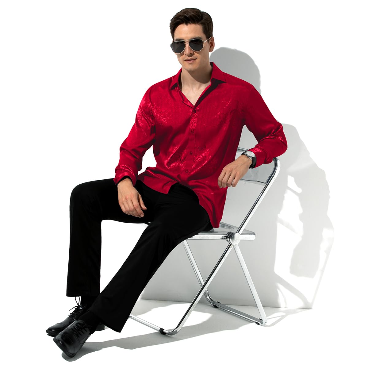 Men’s Silk Like Satin Formal Shirts Jacquard Shiny Luxury Shirts