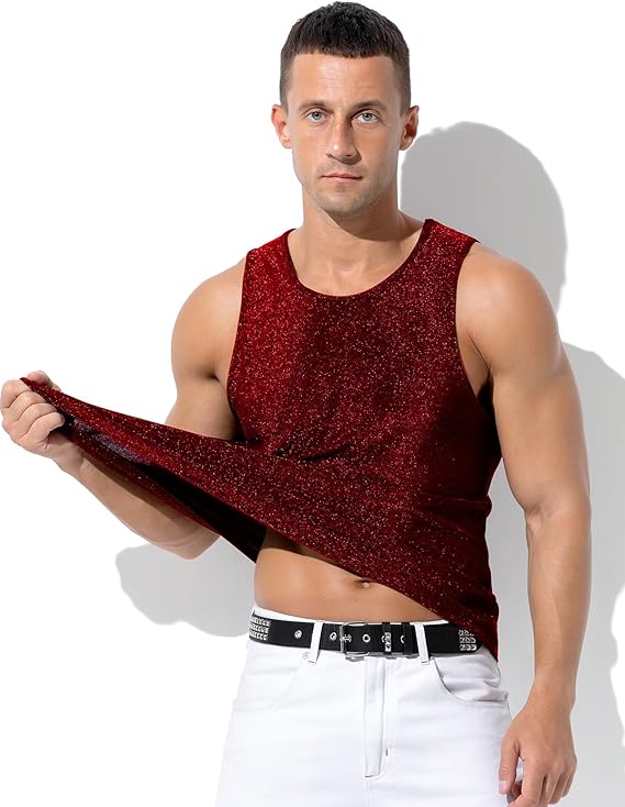Men's Sequin Tank Top, Gold Glitter Rave Sleeve Shirts, Sparkly Disco Mens Vest