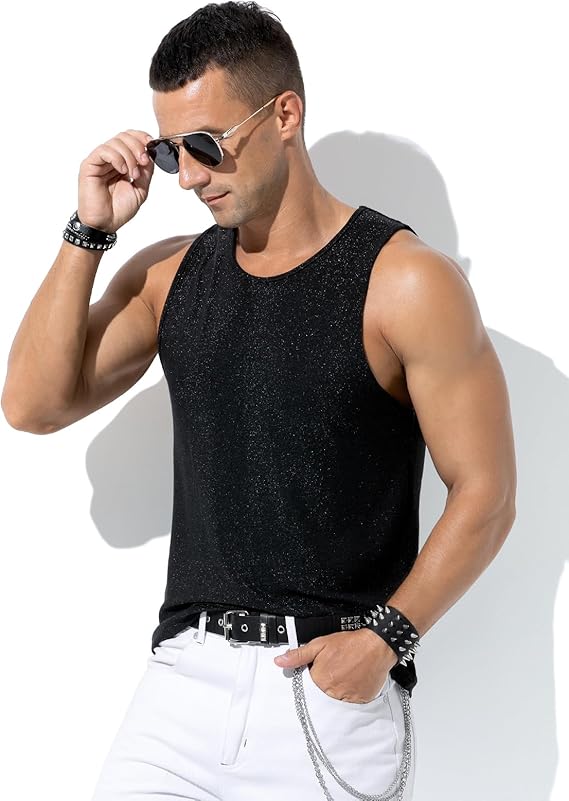 Men's Sequin Tank Top, Gold Glitter Rave Sleeve Shirts, Sparkly Disco Mens Vest