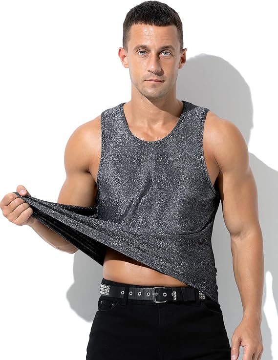 Men's Sequin Tank Top, Gold Glitter Rave Sleeve Shirts, Sparkly Disco Mens Vest