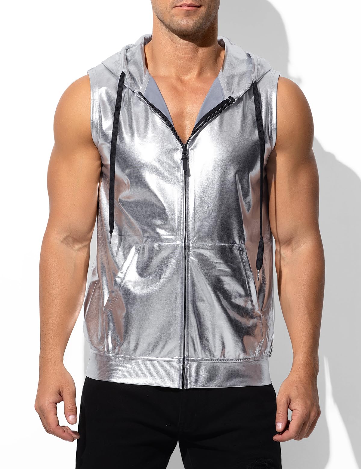Men's Metallic Hoodie Vest Sequin Zip Up Sleeveless Rave Disco Shiny T-Shirt