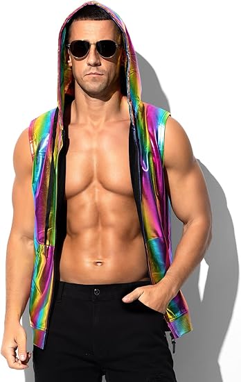 Men's Metallic Hoodie Vest Sequin Zip Up Sleeveless Rave Disco Shiny T-Shirt