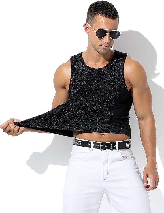 Men's Sequin Tank Top, Gold Glitter Rave Sleeve Shirts, Sparkly Disco Mens Vest