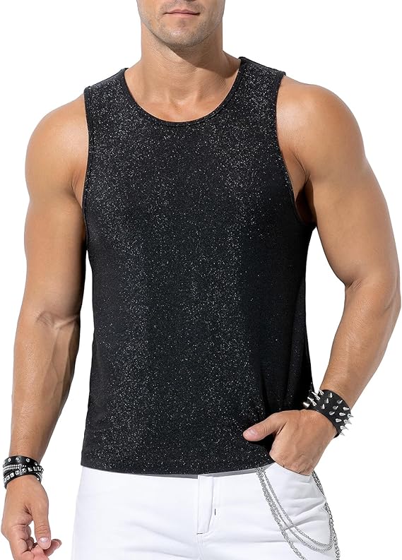 Men's Sequin Tank Top, Gold Glitter Rave Sleeve Shirts, Sparkly Disco Mens Vest