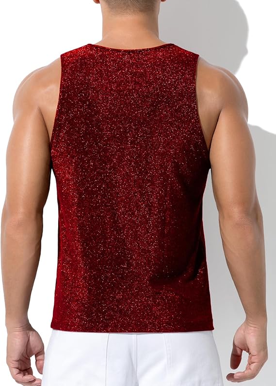 Men's Sequin Tank Top, Gold Glitter Rave Sleeve Shirts, Sparkly Disco Mens Vest