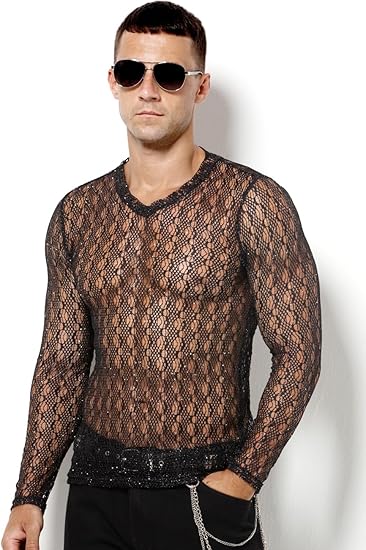 Men's Sheer Mesh Glitter Long Sleeve T-Shirt - Sexy Round Neck Cutout Design for Clubwear with Shiny Finish