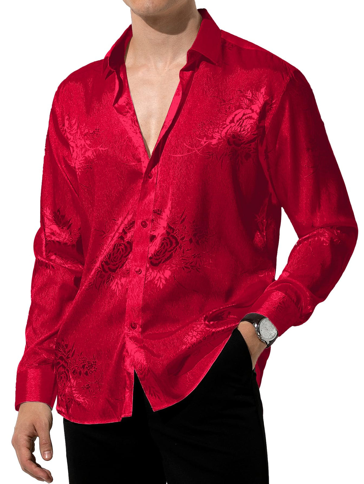 Men’s Silk Like Satin Formal Shirts Jacquard Shiny Luxury Shirts