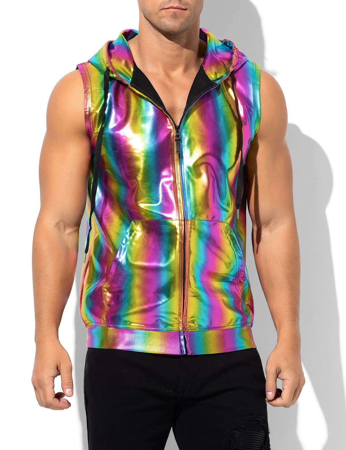 Men's Metallic Hoodie Vest Sequin Zip Up Sleeveless Rave Disco Shiny T-Shirt