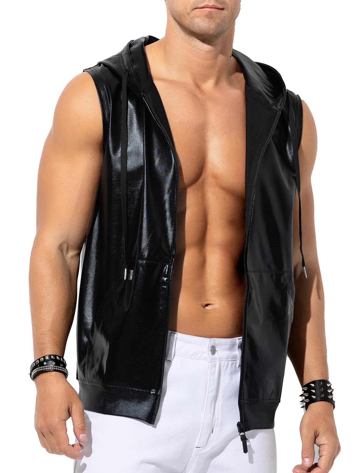 Men's Metallic Hoodie Vest Sequin Zip Up Sleeveless Rave Disco Shiny T-Shirt
