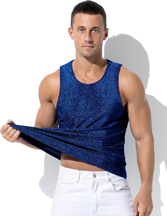 Men's Sequin Tank Top, Gold Glitter Rave Sleeve Shirts, Sparkly Disco Mens Vest