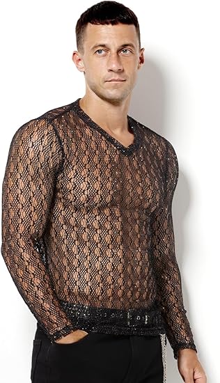 Men's Sheer Mesh Glitter Long Sleeve T-Shirt - Sexy Round Neck Cutout Design for Clubwear with Shiny Finish