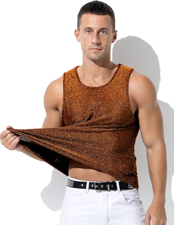 Men's Sequin Tank Top, Gold Glitter Rave Sleeve Shirts, Sparkly Disco Mens Vest