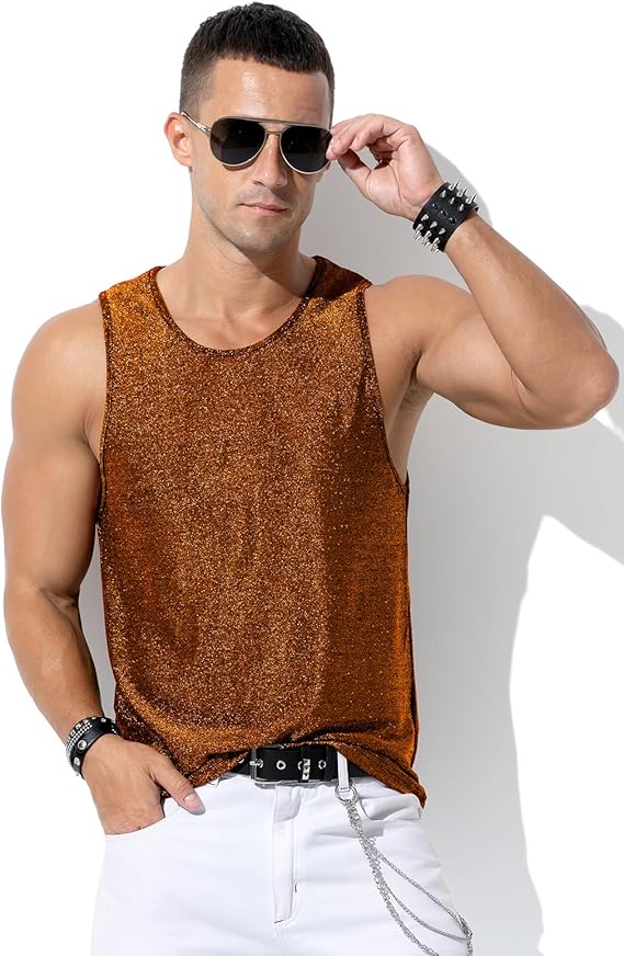 Men's Sequin Tank Top, Gold Glitter Rave Sleeve Shirts, Sparkly Disco Mens Vest