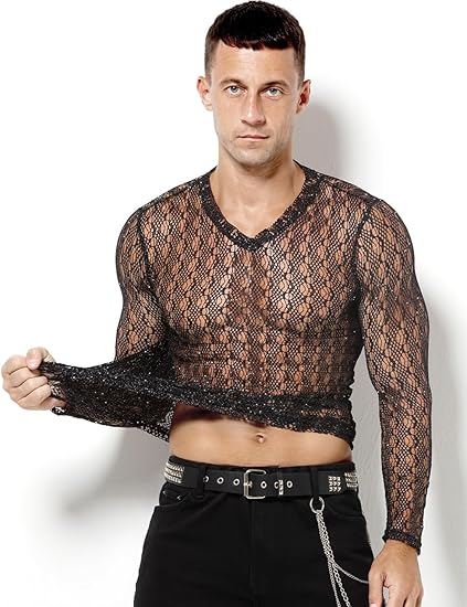 Men's Sheer Mesh Glitter Long Sleeve T-Shirt - Sexy Round Neck Cutout Design for Clubwear with Shiny Finish