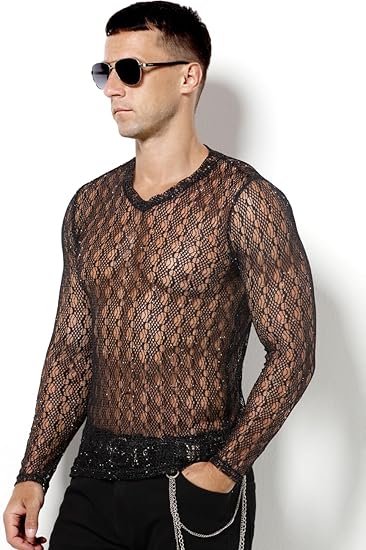 Men's Sheer Mesh Glitter Long Sleeve T-Shirt - Sexy Round Neck Cutout Design for Clubwear with Shiny Finish