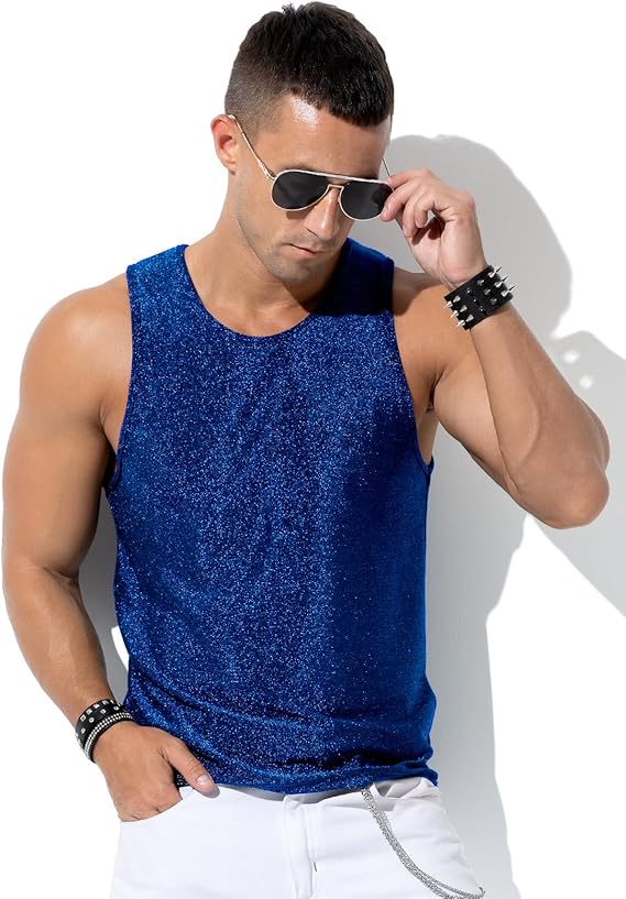 Men's Sequin Tank Top, Gold Glitter Rave Sleeve Shirts, Sparkly Disco Mens Vest