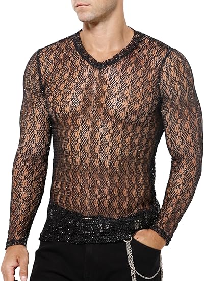 Men's Sheer Mesh Glitter Long Sleeve T-Shirt - Sexy Round Neck Cutout Design for Clubwear with Shiny Finish