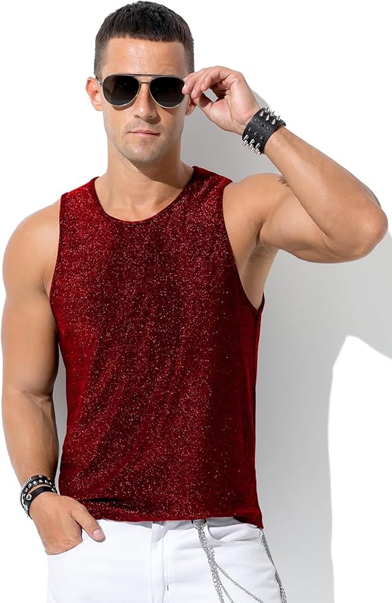 Men's Sequin Tank Top, Gold Glitter Rave Sleeve Shirts, Sparkly Disco Mens Vest