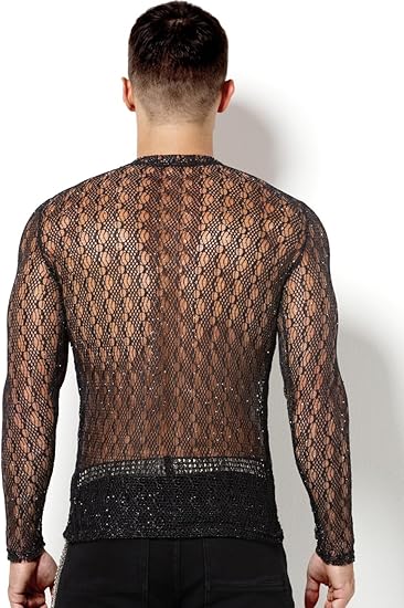 Men's Sheer Mesh Glitter Long Sleeve T-Shirt - Sexy Round Neck Cutout Design for Clubwear with Shiny Finish