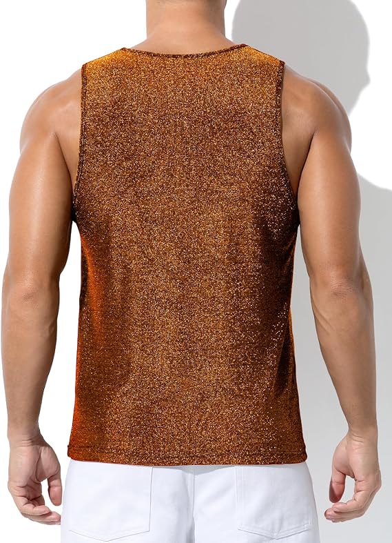 Men's Sequin Tank Top, Gold Glitter Rave Sleeve Shirts, Sparkly Disco Mens Vest