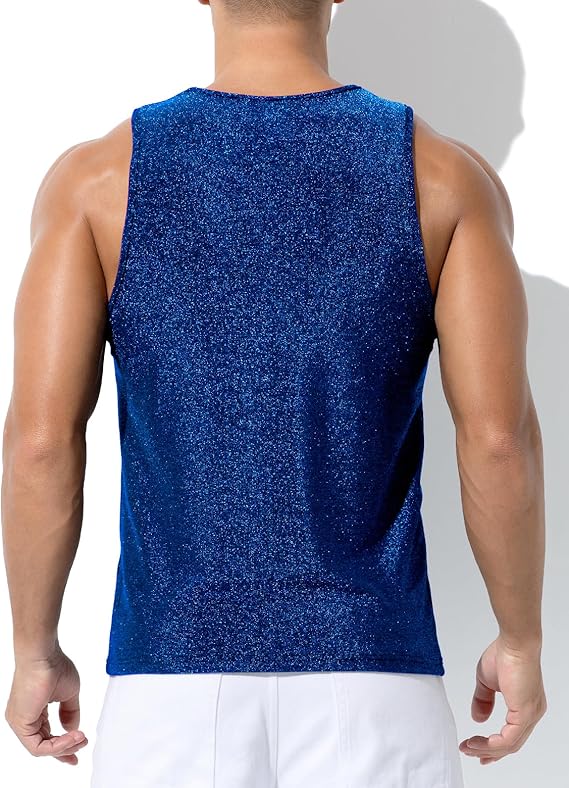 Men's Sequin Tank Top, Gold Glitter Rave Sleeve Shirts, Sparkly Disco Mens Vest