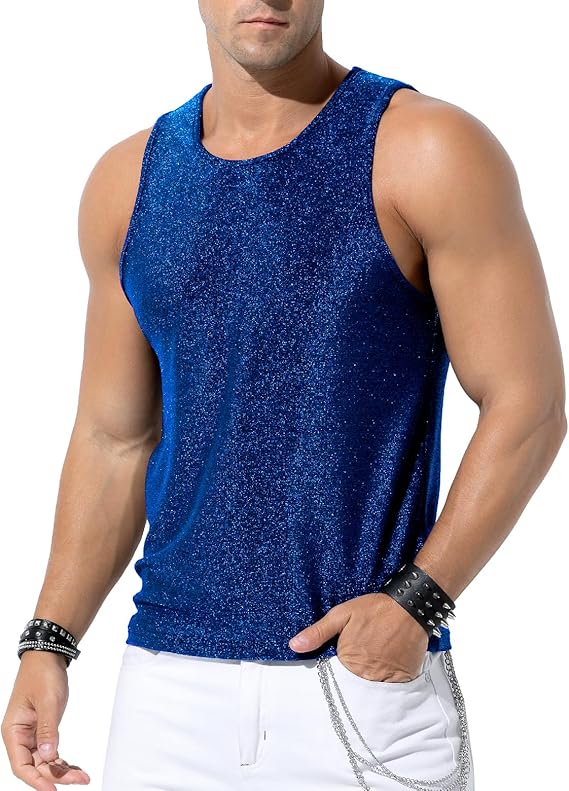 Men's Sequin Tank Top, Gold Glitter Rave Sleeve Shirts, Sparkly Disco Mens Vest
