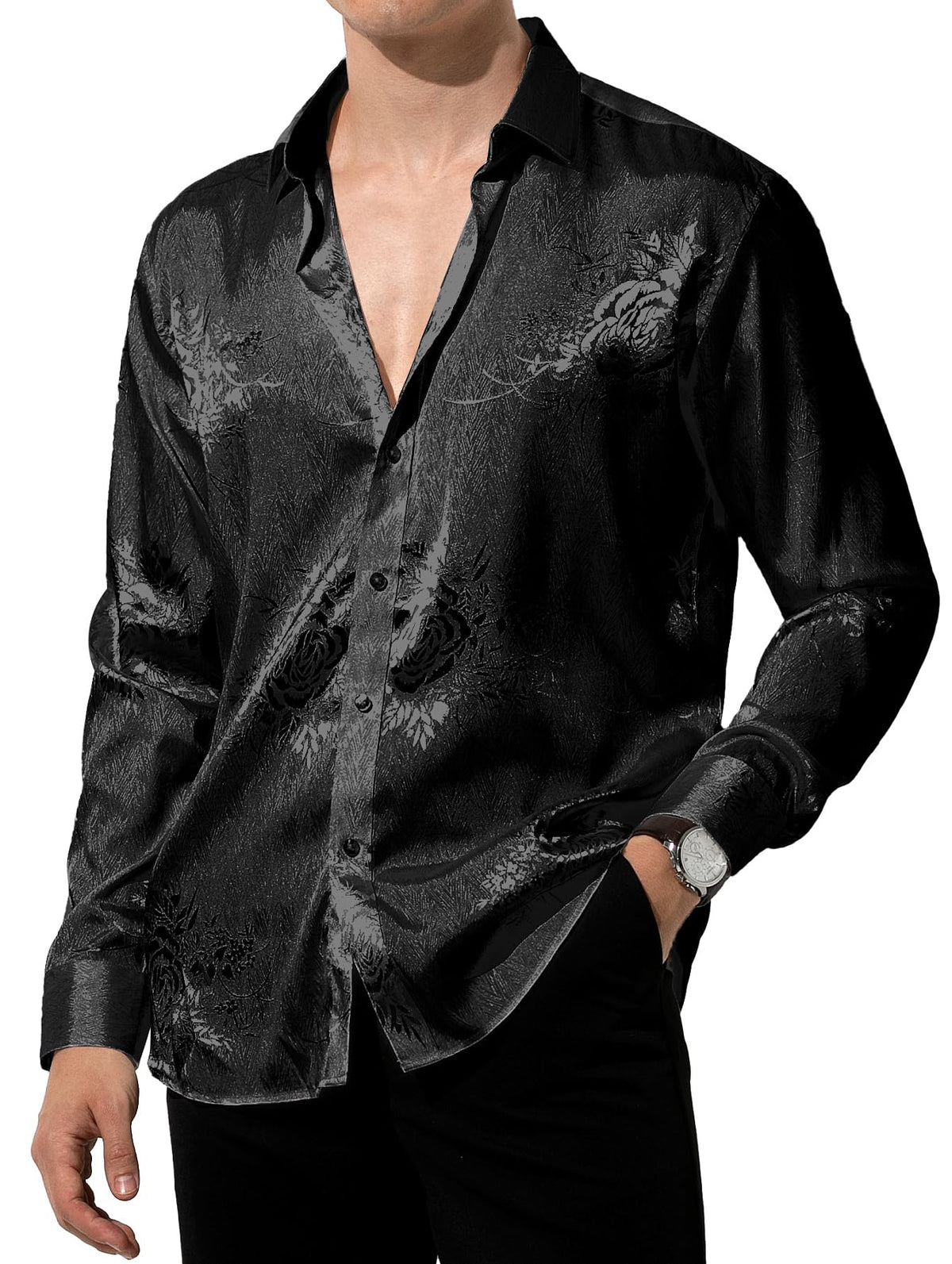Men’s Silk Like Satin Formal Shirts Jacquard Shiny Luxury Shirts