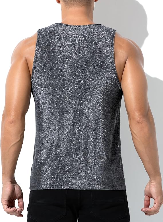 Men's Sequin Tank Top, Gold Glitter Rave Sleeve Shirts, Sparkly Disco Mens Vest
