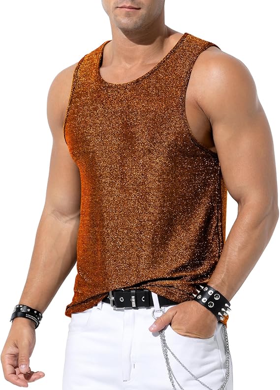 Men's Sequin Tank Top, Gold Glitter Rave Sleeve Shirts, Sparkly Disco Mens Vest