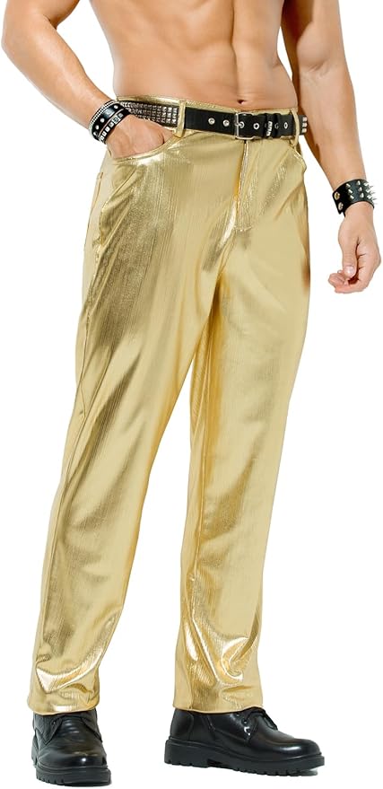 Herren Metallic Glänzende Disco Hose Pailletten Bein Hose 70er/80er Party Rave Hose
