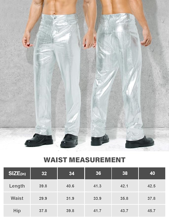 Herren Metallic Glänzende Disco Hose Pailletten Bein Hose 70er/80er Party Rave Hose