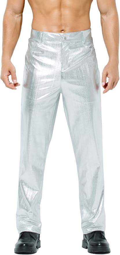 Herren Metallic Glänzende Disco Hose Pailletten Bein Hose 70er/80er Party Rave Hose
