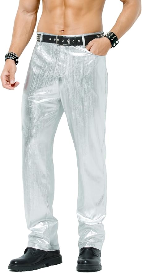 Herren Metallic Glänzende Disco Hose Pailletten Bein Hose 70er/80er Party Rave Hose