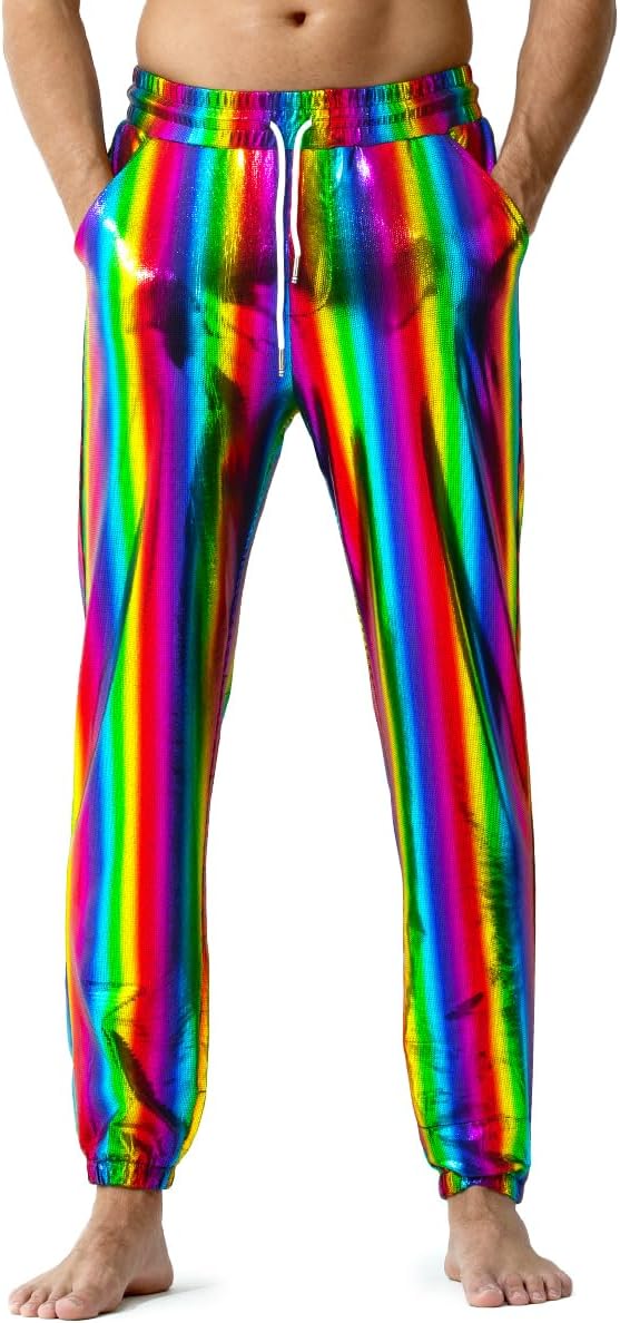 Arjen Kroos - Mens Night Club Disco Pants with Pockets Breathable Sequin Pants 70s/80s Party Shiny Breathable Jogger - Arjen Kroos - Rainbow - AK321234S
#color_rainbow