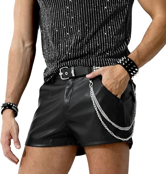 Men's PU Leather Shorts Male Sexy Rave Hot Short Pants with Pockets