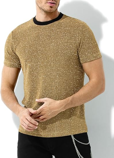 Arjen Kroos - Men's Sequin Disco Shirts Short Sleeve Sparkly Rave Hot Tops - Arjen Kroos - Gold - AK331231S
#color_gold