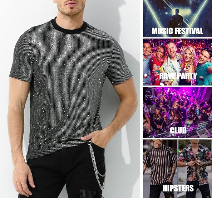 Arjen Kroos - Men's Sequin Disco Shirts Short Sleeve Sparkly Rave Hot Tops - Arjen Kroos - Gray - AK331365S
#color_gray