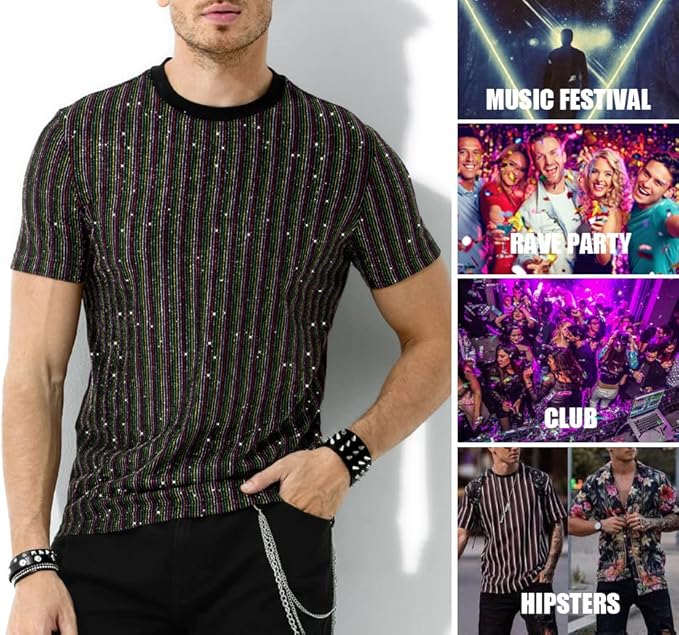 Arjen Kroos - Men's Sequin Disco Shirts Short Sleeve Sparkly Rave Hot Tops - Arjen Kroos - Rainbow - AK331365S
#color_rainbow
