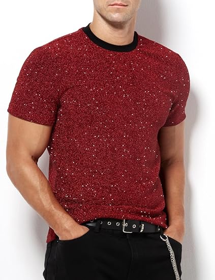 Arjen Kroos - Men's Sequin Disco Shirts Short Sleeve Sparkly Rave Hot Tops - Arjen Kroos - Red - AK331205S
#color_red