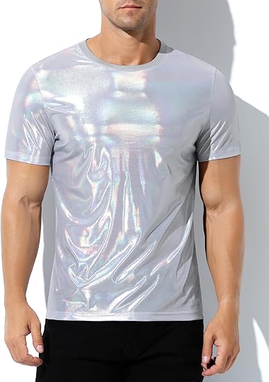 Arjen Kroos - Men's Sexy Shiny Metallic T-Shirts Short Sleeve Sparkly Shirts Disco Holographic Tops - Arjen Kroos - Grey - CK335403S
#color_grey