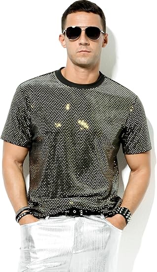Arjen Kroos - Men's Short Sleeve Luxury Sequin T-Shirts Sparkly Velvet Dress Shirts - Arjen Kroos - Gold - CK333231S
#color_gold