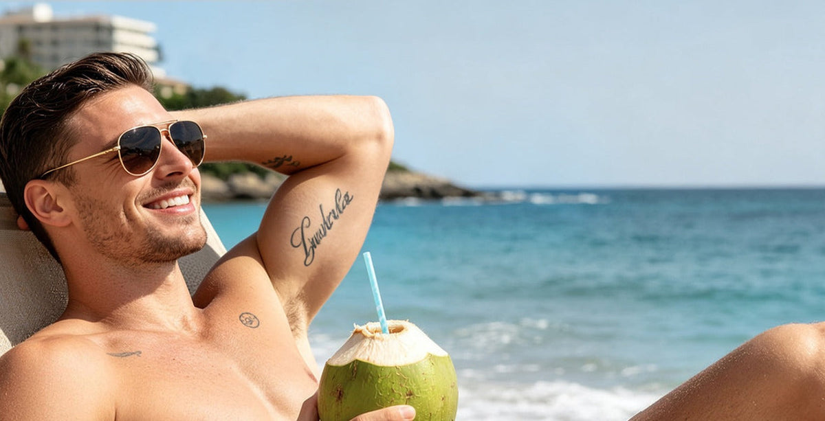 Smiling man relaxing on a beach lounger with a coconut drink by the sea