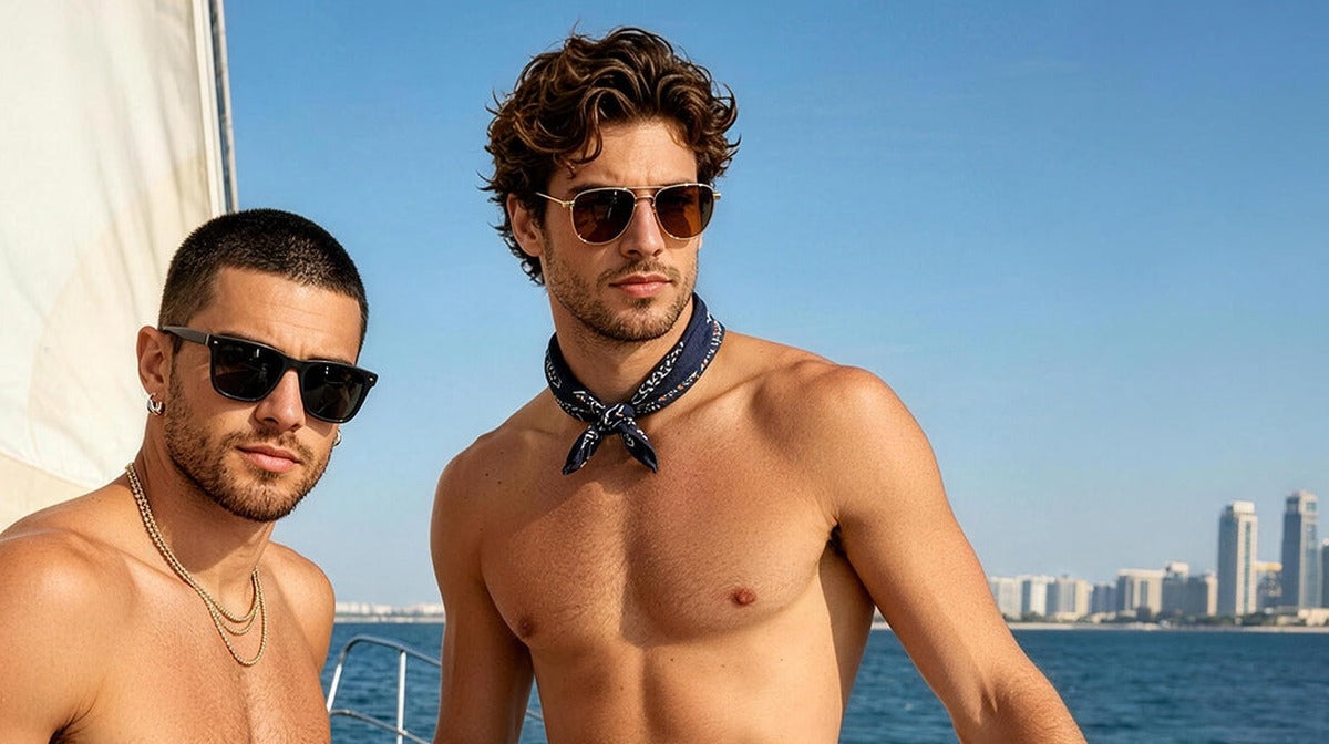 Two men in sunglasses on a sailboat deck with a city skyline behind them
