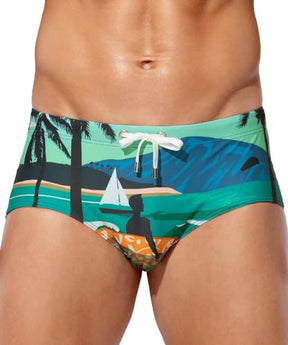 Mens Swim Briefs Swimsuit Beach Print Shorts