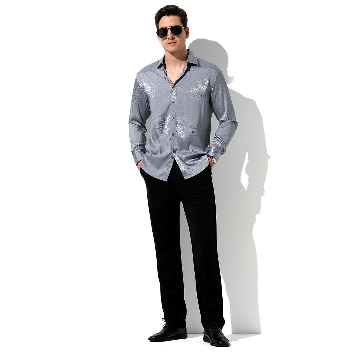 Men’s Silk Like Satin Formal Shirts Jacquard Shiny Luxury Shirts