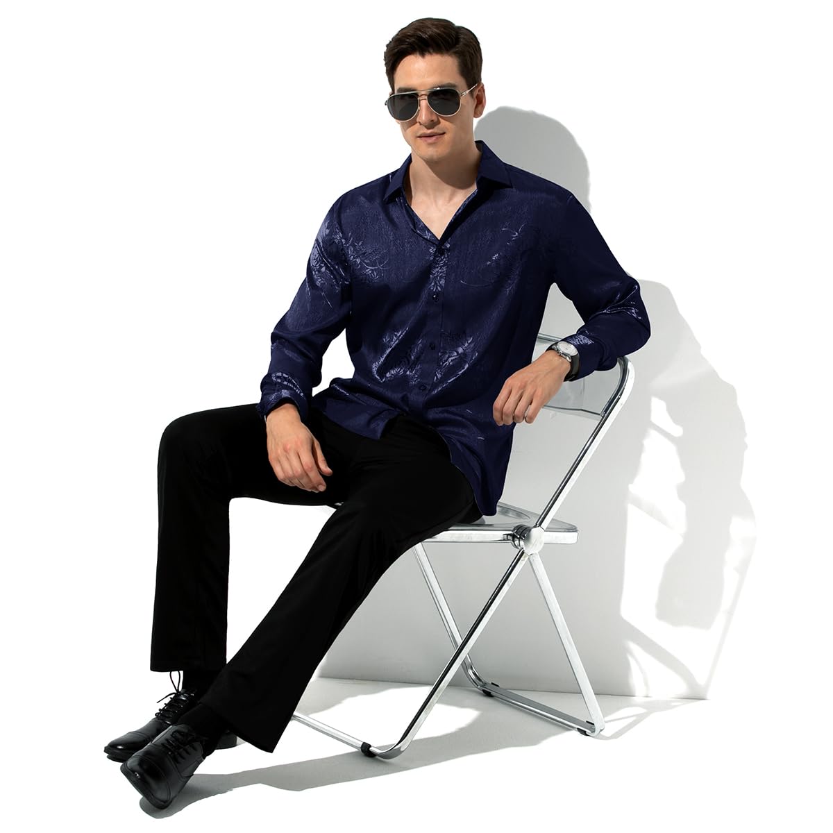 Men’s Silk Like Satin Formal Shirts Jacquard Shiny Luxury Shirts